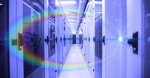 Computer servers in a server room with glowing lights Stock Illustration