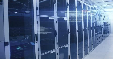 Computer servers in a server room with glowing lights Stock Illustration