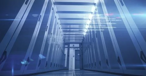 Computer servers in a server room with glowing lights Stock Illustration