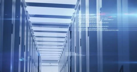 Computer servers in a server room with glowing lights Stock Illustration