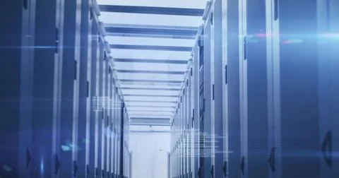 Computer servers in a server room with glowing lights Stock Illustration