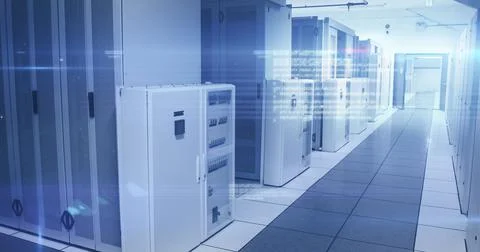 Computer servers in a server room with glowing lights Stock Illustration