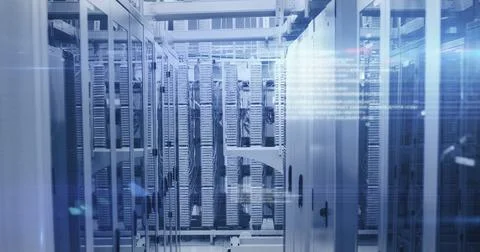 Computer servers in a server room with glowing lights Stock Illustration