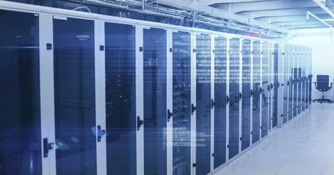 Computer servers in a server room with glowing lights Stock Illustration