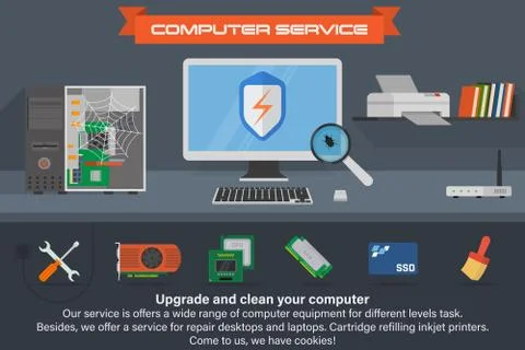 Computer service banner. Running the process of searching virus. Stock Illustration