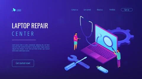 Computer service concept isometric 3D landing page. 스톡 일러스트