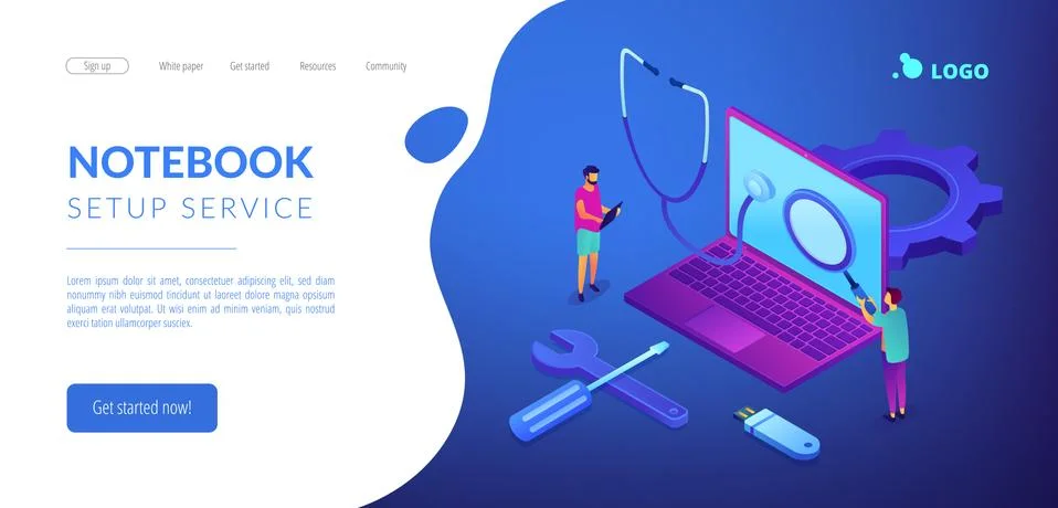 Computer service concept isometric 3D landing page. Stock Illustration