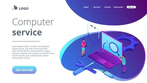 Computer service concept isometric 3D landing page. 스톡 일러스트