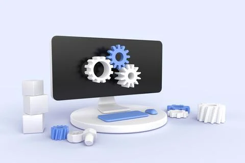 Computer service isometric 3d render. Technical support with gears on pc screen Stock Illustration