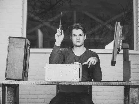 Computer service. man fix computer device or printer Stock Photos