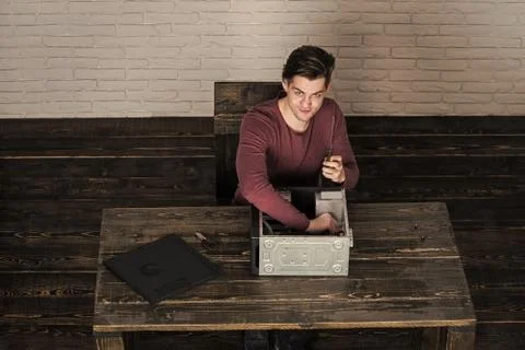Computer service. smiling man fix computer device or printer 스톡 사진