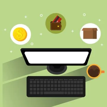 Computer with set business icons Illustrazione stock