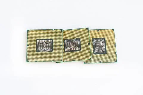 Computer set cpu microchip close up on white isolated background Stock Photos