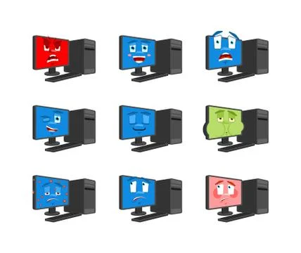 Computer set emotion. sleeping and evil emotion avatar. bewildered and sad PC Illustrazione stock