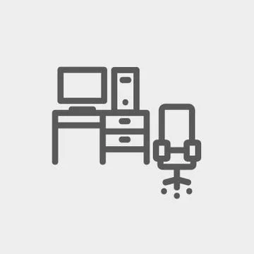 Computer set with table and chair thin line icon Stock Illustration