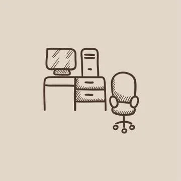 Computer set with table and chair sketch icon イラスト素材