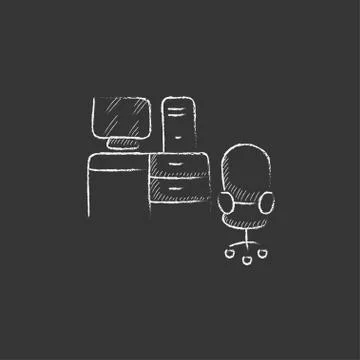 Computer set with table and chair. Drawn in chalk icon イラスト素材