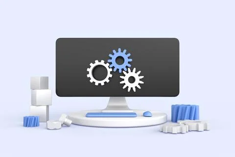 Computer settings with gear icons isometric 3d render. Concept of computer Stock Illustration