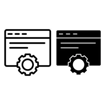 Computer settings line and glyph icon. Pc window with mechanical gear vector Stock Illustration