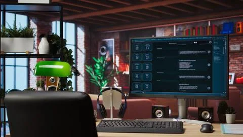 Computer setup in bright apartment showing large language model program Stock Photos