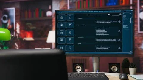 Computer setup in bright apartment showing large language model program 스톡 사진