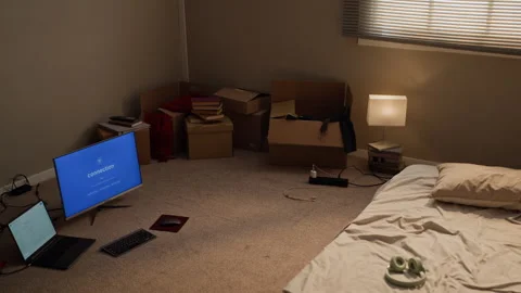 Computer Setup on Floor Connecting to Internet in New Home Stock Footage 346609605