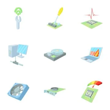 Computer setup icons set, cartoon style 스톡 일러스트