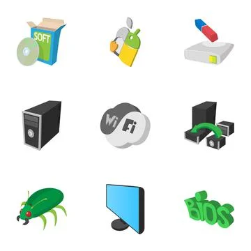 Computer setup icons set, cartoon style 스톡 일러스트
