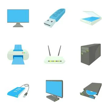 Computer setup icons set, cartoon style 스톡 일러스트