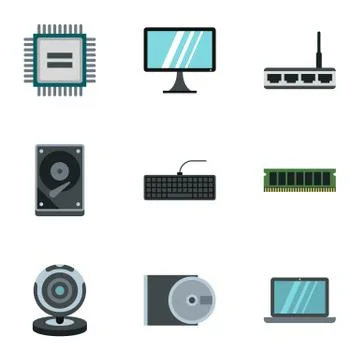 Computer setup icons set, flat style 스톡 일러스트