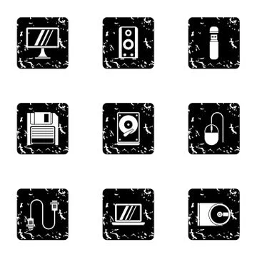 Computer setup icons set, grunge style 스톡 일러스트