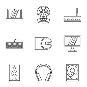 Computer setup icons set, outline style 스톡 일러스트