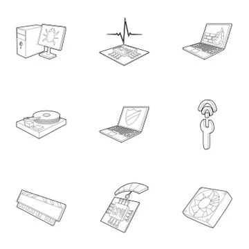 Computer setup icons set, outline style 스톡 일러스트