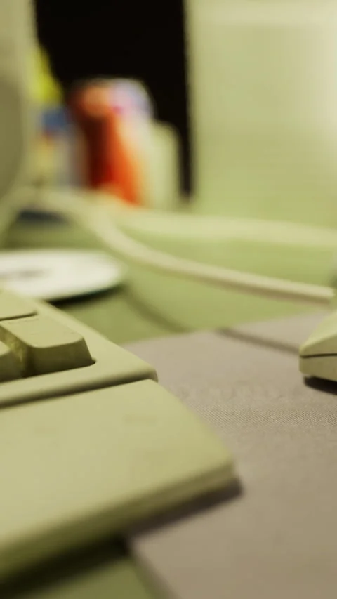 Computer setup shows keyboard and mouse on table with soft focus background Stock Footage 334180554