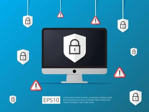 Computer shield and alert line icon, Internet VPN Security banner Concept vec Stock Illustration