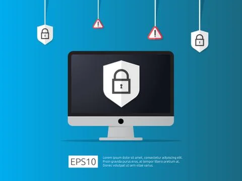 Computer shield and alert line icon, Internet VPN Security banner Concept vec Stock Illustration