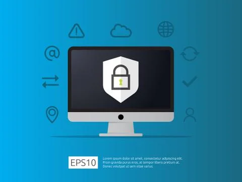 Computer with shield icon, Internet VPN Security protection Concept banner ve Stock Illustration