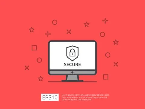 Computer shield line icon, Privacy Data protection and Internet VPN Security  Stock Illustration