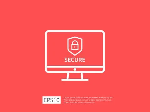 Computer shield line icon, Privacy Data protection and Internet VPN Security  Stock Illustration