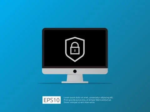 Computer shield line icon, Privacy Data protection and Internet VPN Security  Stock Illustration