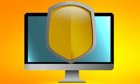 Computer with shield on a screen. Safety concept Illustrazione stock