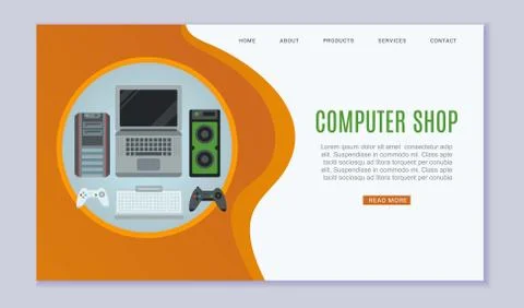 Computer shop and connected mobile communication high tech devices web template Illustrazione stock