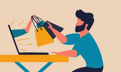 Computer shop for business connection to customer. Hand with parcel goods on  Stock Illustration