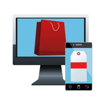 Computer with shopping bag on screen and smartphone with price tag on screen Stock-Illustration