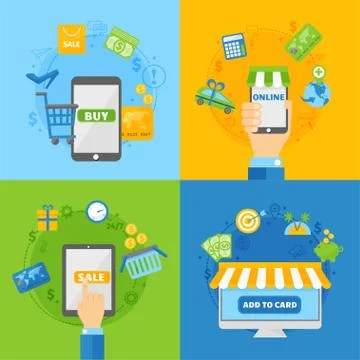 Computer shopping concepts of online payment methods flat design vector Stock Illustration