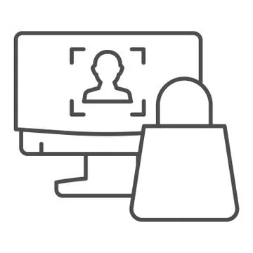 Computer shopping thin line icon. Monitor with shopping bag vector illustration Stock Illustration