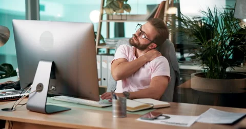 Computer, shoulder pain and web development with man coding software in office Stock Footage 305896993