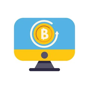 Computer showing bitcoin cryptocurrency rotating with up arrow on screen Stock Illustration