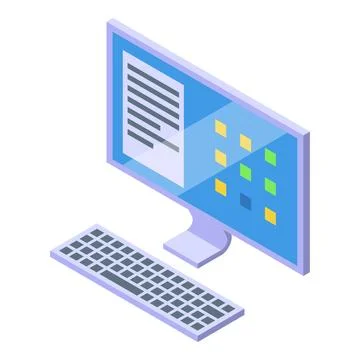 Computer showing document and icons on blue screen with keyboard Stock Illustration