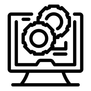 Computer showing gears representing working process icon Stock Illustration